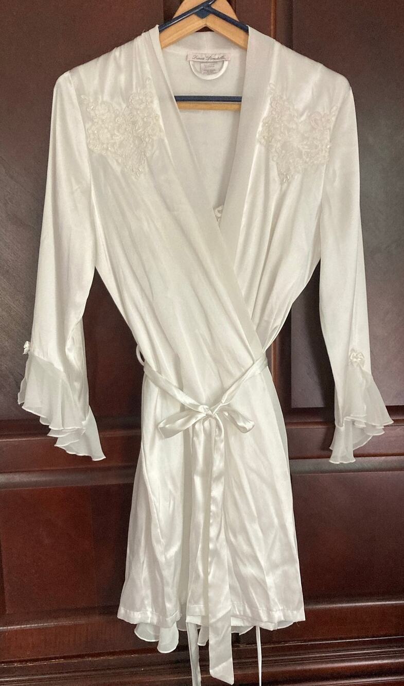 Linea Donatella- Bridal White Satin Lace and Sheer Ruffle Chemise Robe Set - S